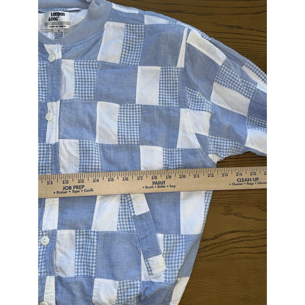 Vintage London Fog Patchwork Bomber Jacket M Blue Gingham Cotton Shoulder Pads - Picture 8 of 12